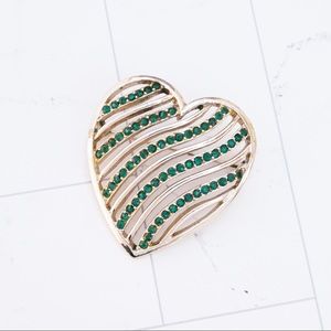 Vintage 1960s Gold Openwork Heart Brooch With Emerald Green Rhinestones
